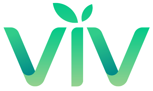 VIV brand logo with modern green gradient lettering and a leaf icon above the V.