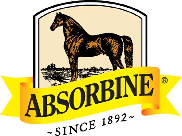 Absorbine logo featuring a horse illustration above a yellow ribbon banner.