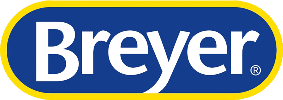Breyer logo with blue oval background and white lettering outlined in yellow.