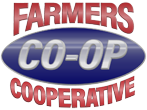 Farmers Co-Op Cooperative logo with red and blue lettering in an oval design.