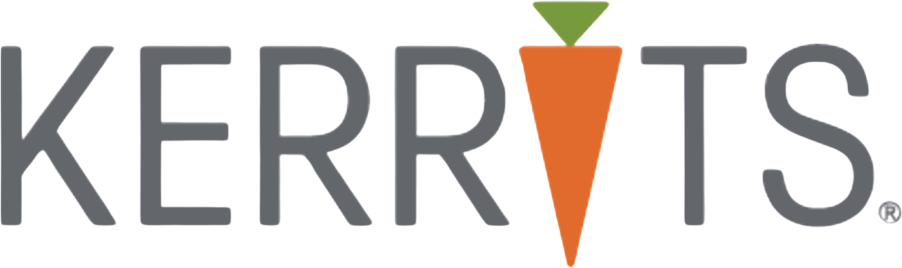 Kerrits logo with gray lettering and an orange carrot design replacing the letter I.