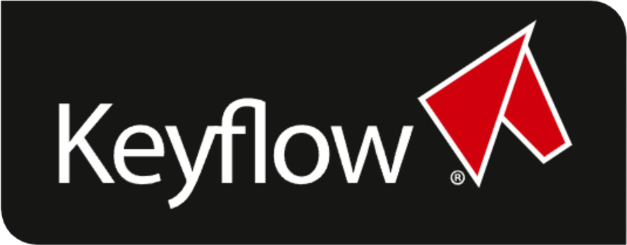 Keyflow logo with white lettering on a black background and a red geometric horse head icon.