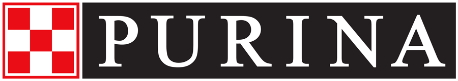 Purina logo featuring a red checkerboard square next to bold white lettering on a black background.